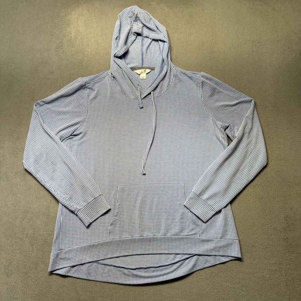 Weatherproof Vintage Womens Large Blue Gingham Hooded Pullover Hoodie Stretch
